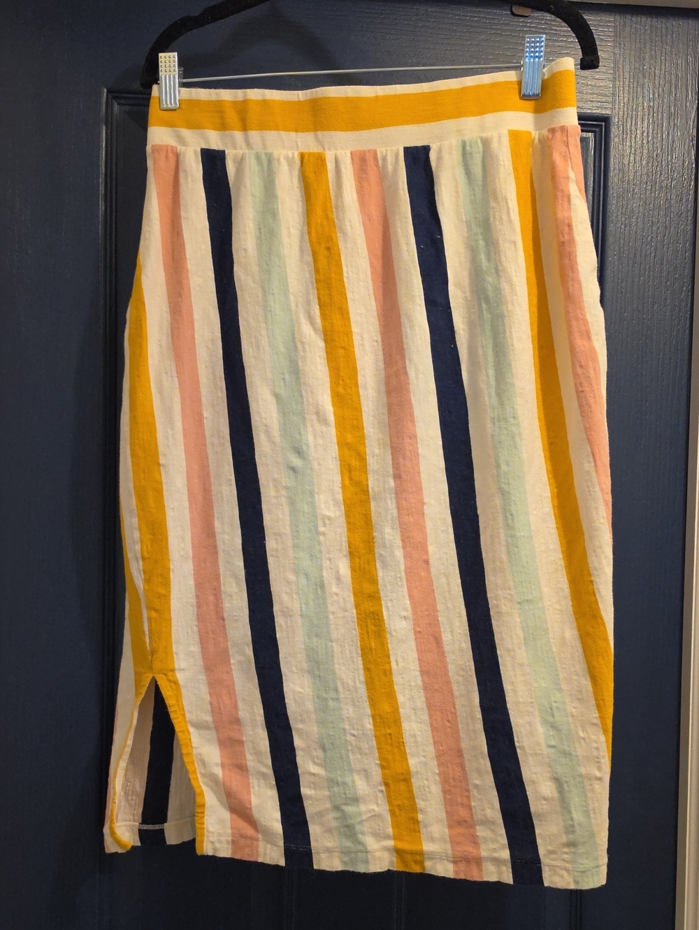 DownEast Striped Midi Pencil Skirt in Mustard, Navy & Blush